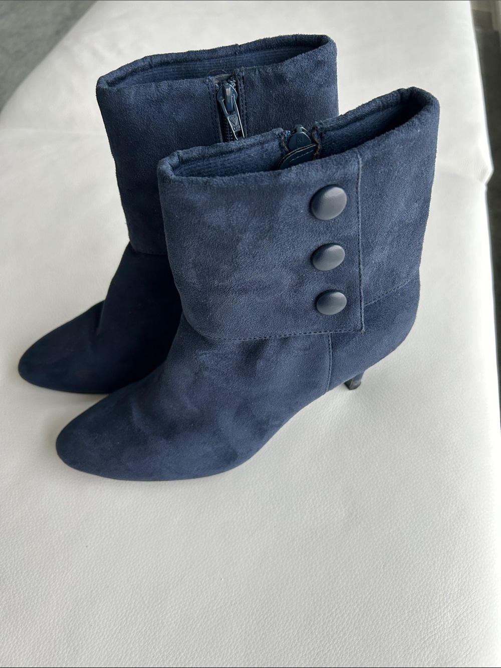 FIONI Clothing Navy Suede Fold-Over Button Ankle Boots, Size 8